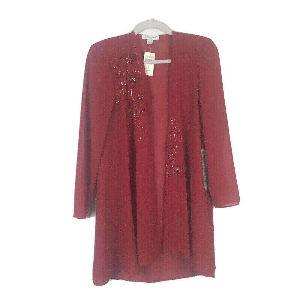 Coldwater Creek 8 Duster Cardigan Jacket Sheer Sequin Red Open Front Womens